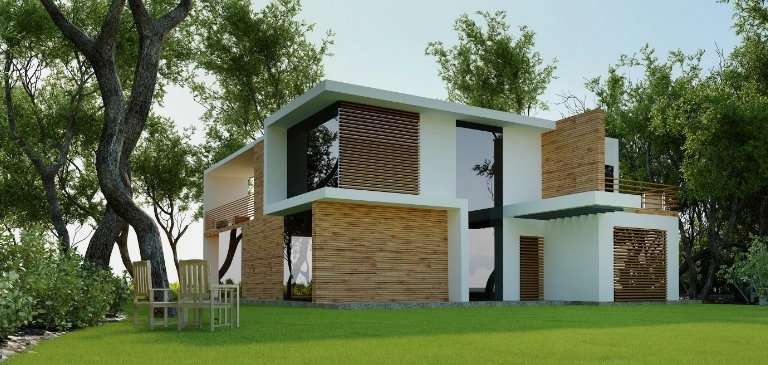 nowoczesny dom z drewnianymi elementami
